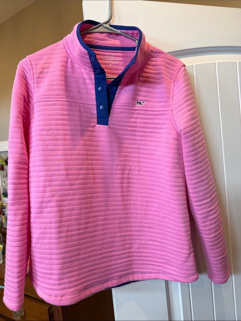 Vineyard Vines womens Pink Quilted Pullover with Navy Trim